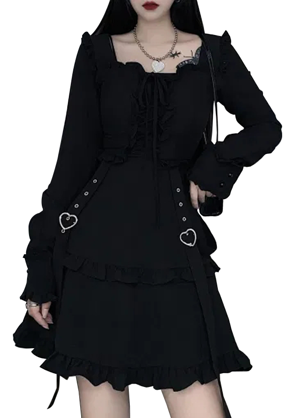 Vintage Dark Kawaii Ruffle Long Sleeve Dress