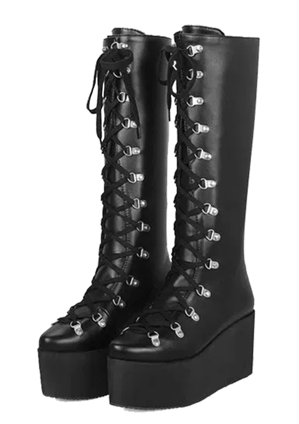 Gothic Rivet Wedges High Heels Lace Up Knee Boots