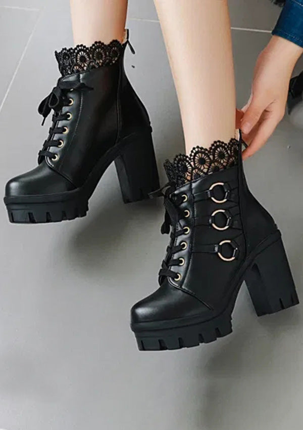 Black Lace Pure Color High-Heeled Ankle Boots