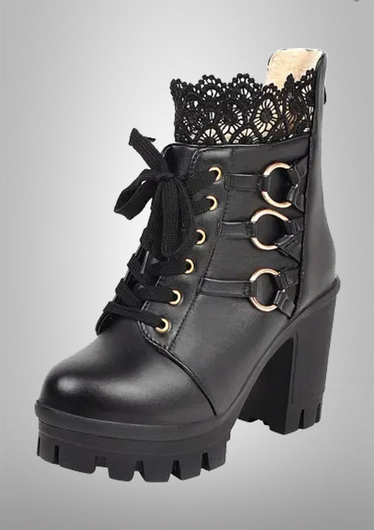 Black Lace Pure Color High-Heeled Ankle Boots