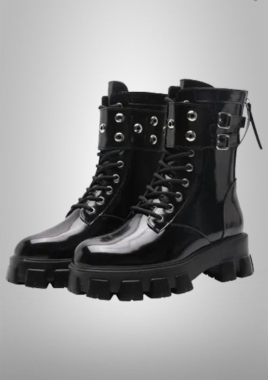 Black Platform Patent Leather  Punk Motorcycle Boots