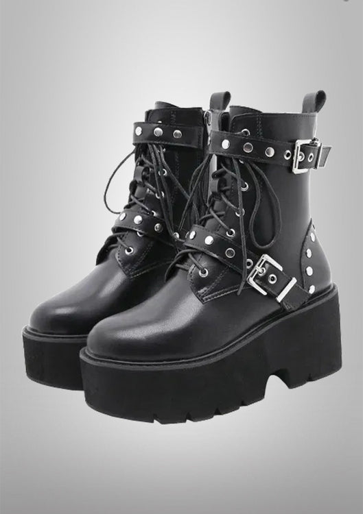 Black Rivet Strap Platform Ankle Boots