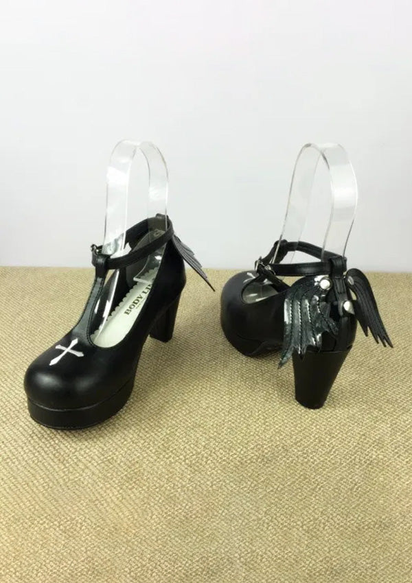 Black Wings Ankle T-strap Cross High Heels Lolita Shoes