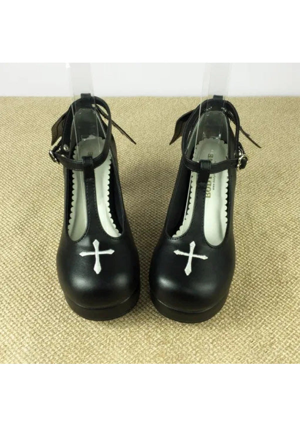 Black Wings Ankle T-strap Cross High Heels Lolita Shoes