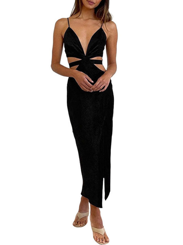 Side Hollow Out V Neck Maxi Dress