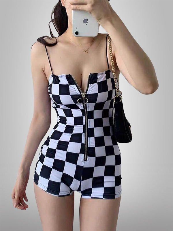New Checks Mini Romper With Buckle Belt