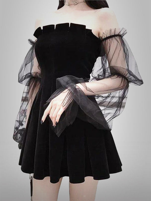 Black Velvet Off-shoulder Mesh Sleeved High Waist Pleated Dress