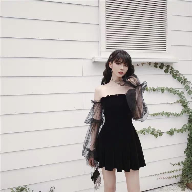 bestkawaii-black-velvet-off-shoulder-mesh-sleeved-high-waist-pleated-dress-grunge-alternative-gothic-fashion-